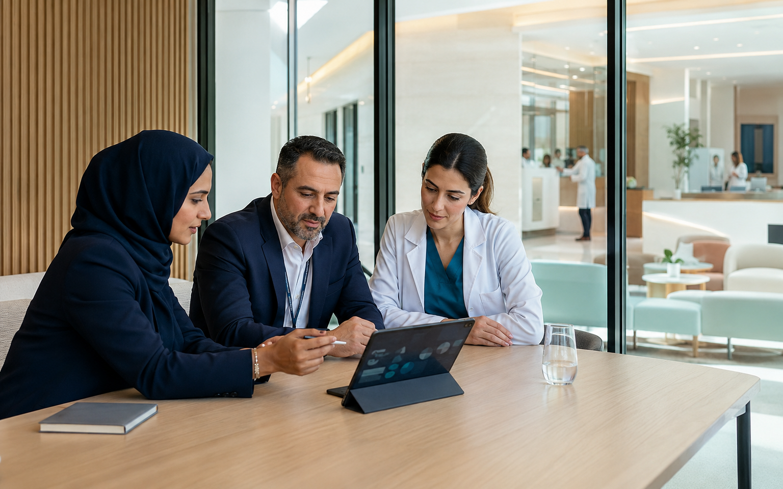 Healthcare leaders reviewing clinic operations in a bright contemporary meeting space