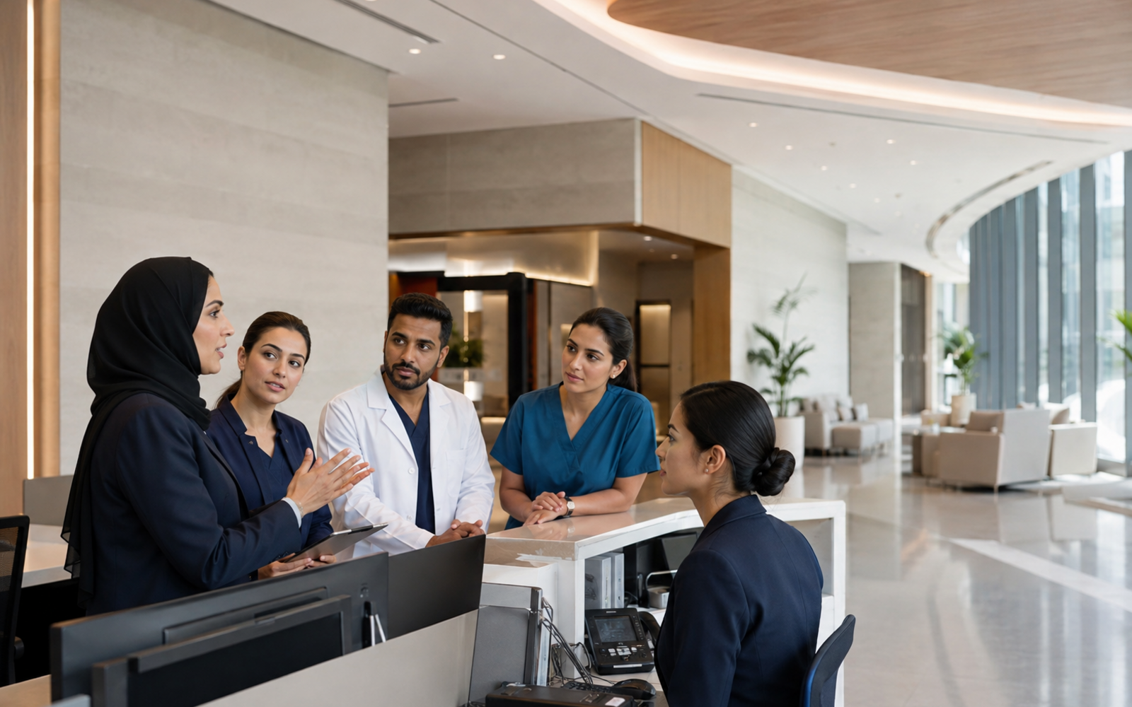 A diverse clinic team holding an operations huddle in a contemporary reception environment